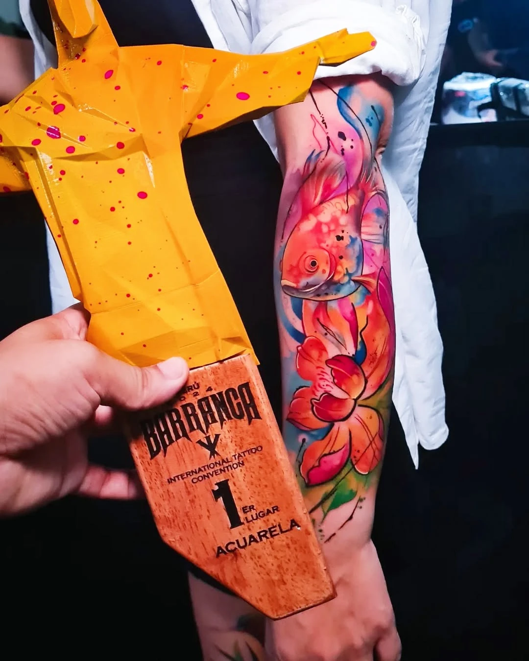 Award-Winning Artistry A stunning watercolor koi tattoo fluid vibrant and full of lif